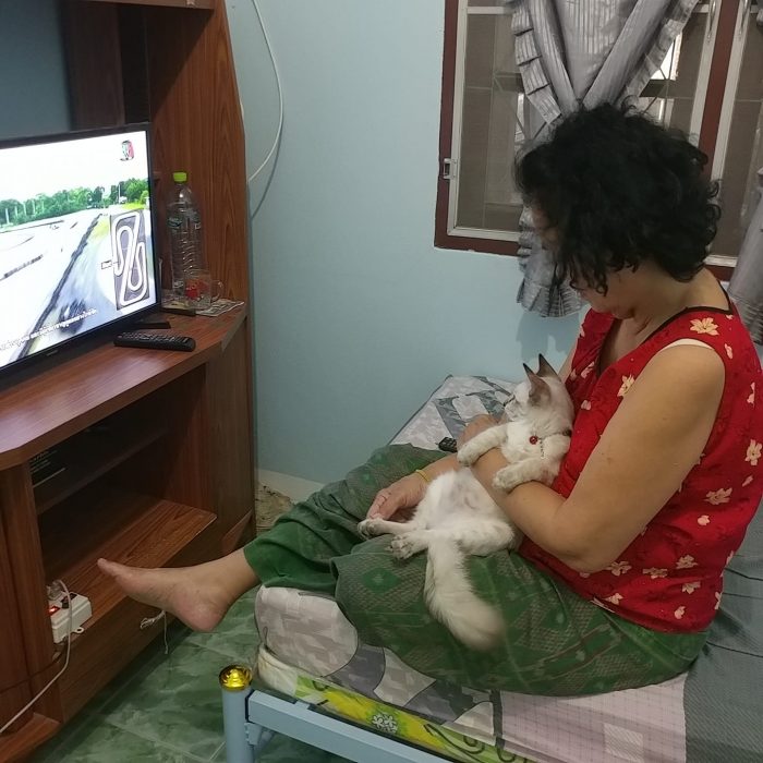 He looking TV with grandma