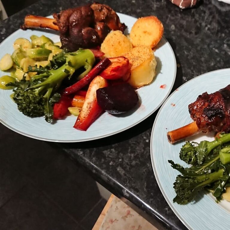 Dinner . . Roast organic lamb shank with parmasan sprouts and