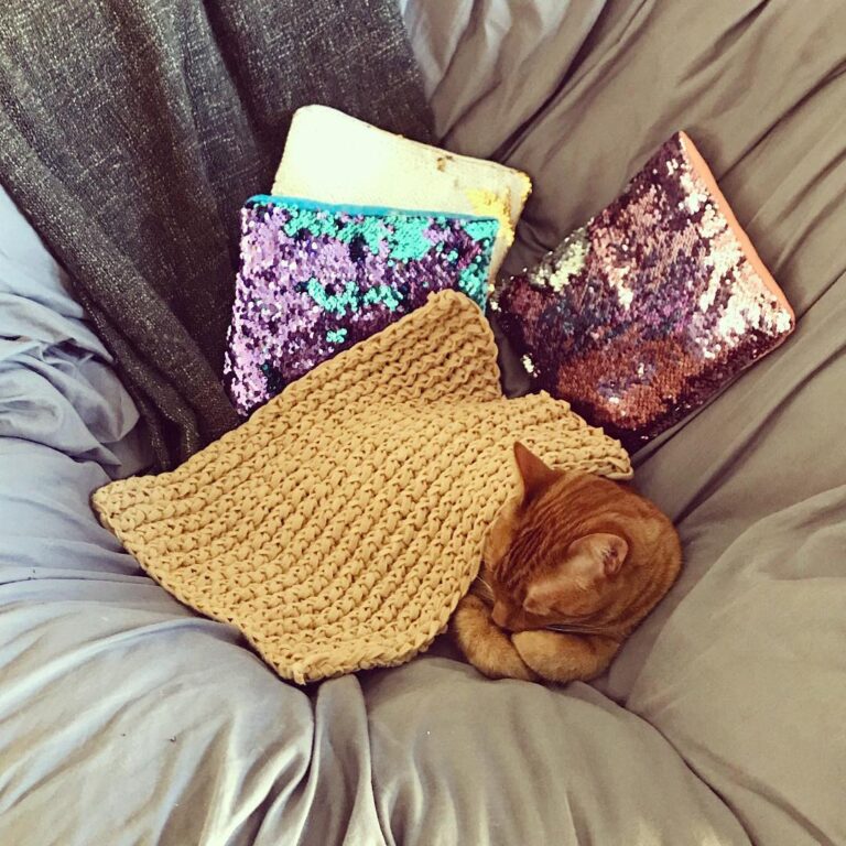 Buddy sleeping in a giant bed with the blanket I made for him