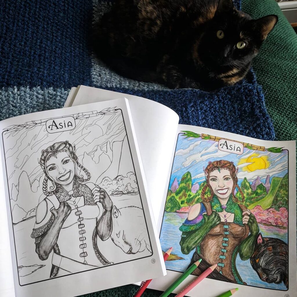 Aiko the cat observing my coloring of Aiko the tortie panther and her