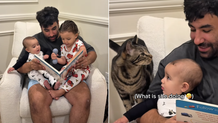 Cat Joins Dad & His Tiny Humans for Story Time Like He’s One of the